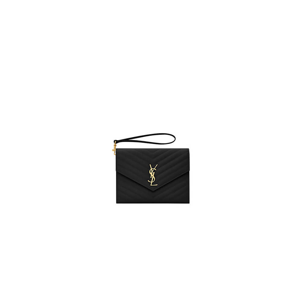 black YSL CASSANDRE matelasse leather flap clutch