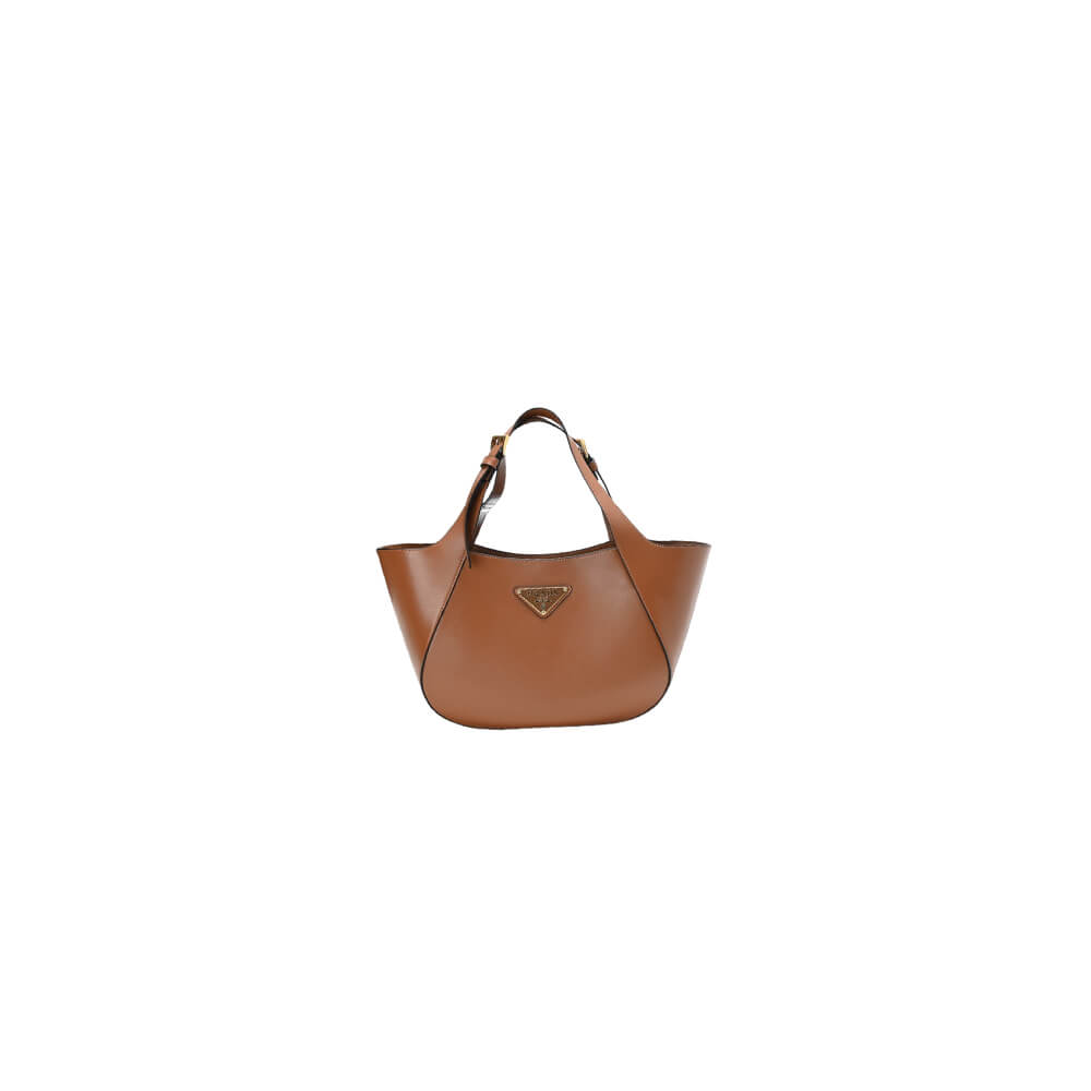 Brown Prada Medium Enamel Triangle Logo Leather Tote Bag (high-end grade)
